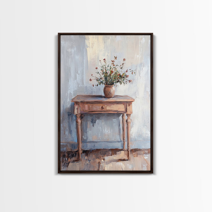 Rustic Console Table With Wildflower Vase Wall Art, Neutral Farmhouse Canvas Print, Entryway Living Room Wall Decor, Home Decor
