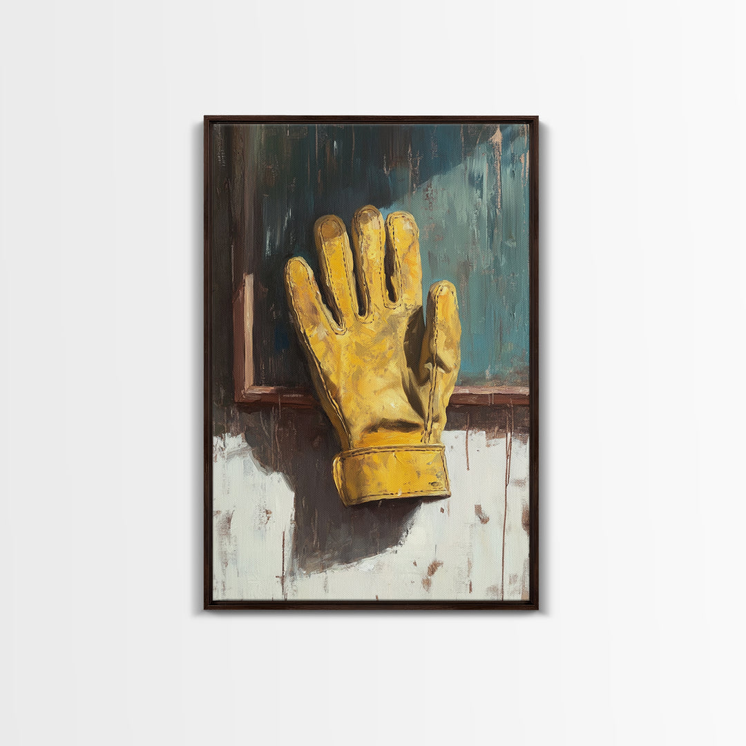 Yellow Work Glove On Rustic Chalkboard Wall Art, Industrial Garage Canvas Print, Tool Room Man Cave Wall Decor, Gift For Him