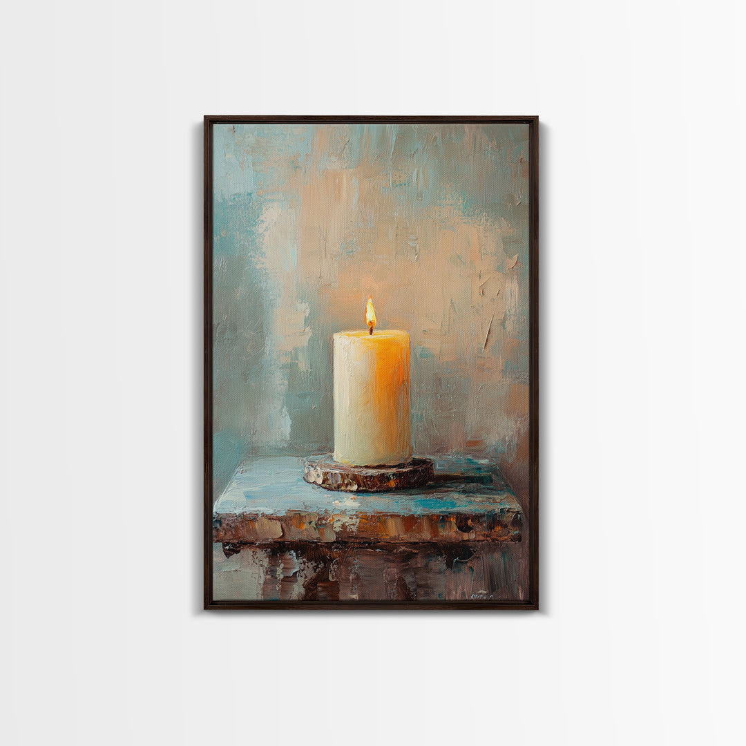 Glowing Ivory Candle On Rustic Table Canvas Print, Calming Still Life Wall Art For Spa Decor, Meditation Room, Cozy Home