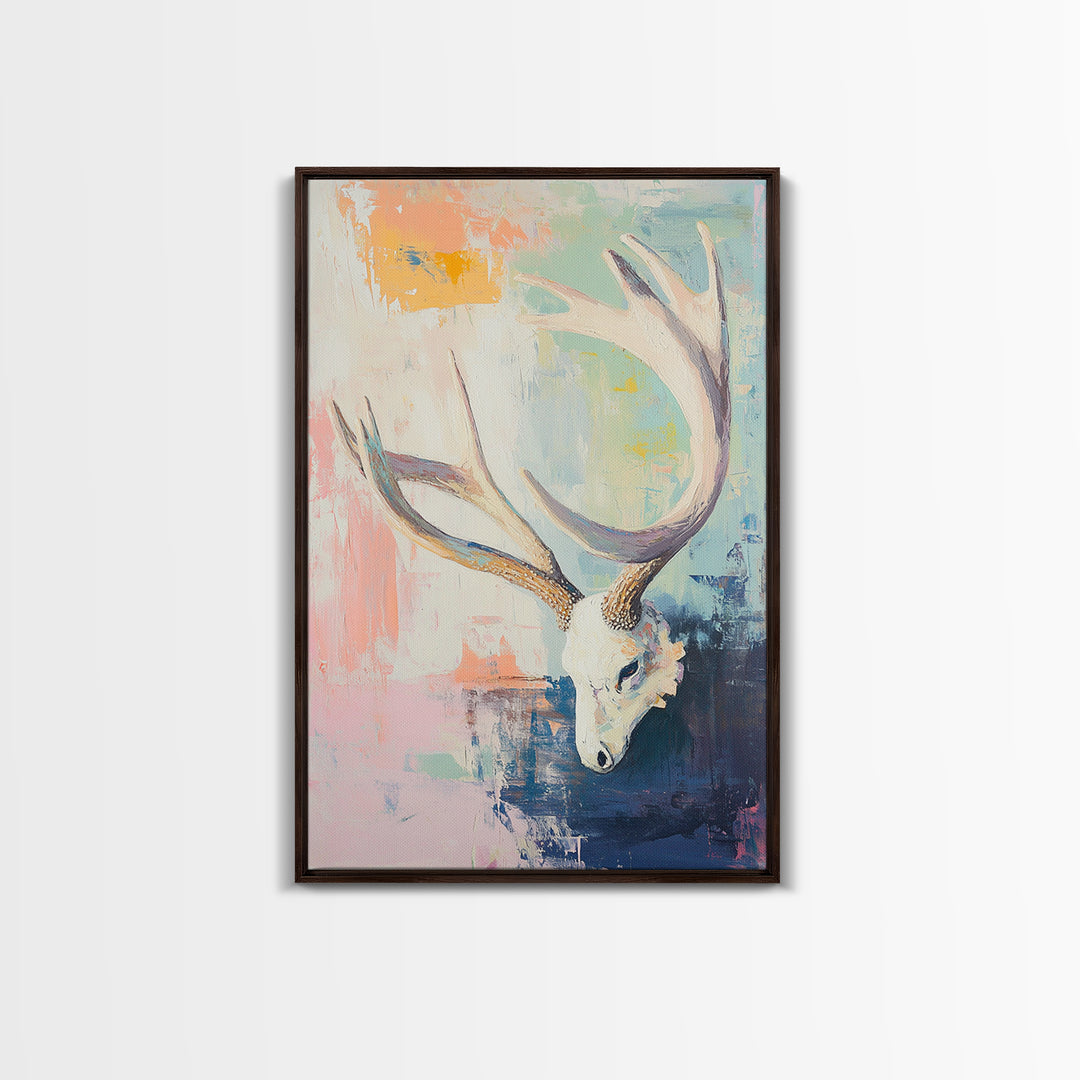 White Deer Skull With Antlers On Pastel Abstract Canvas Print, Western Wall Art, Boho Wall Decor, Rustic Cabin Home Decor