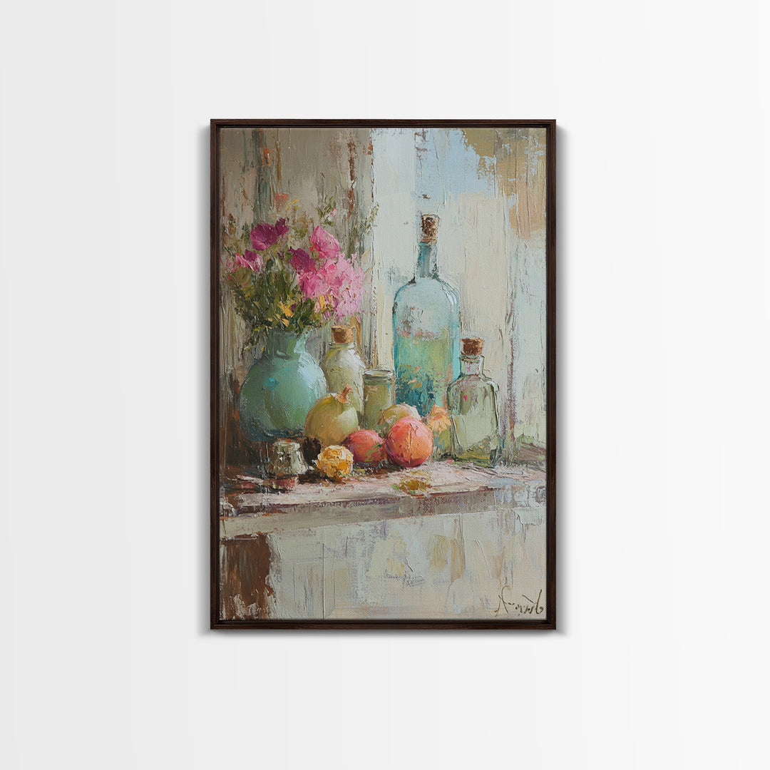Flowers Bottles And Fruit Framed Canvas Print, Impressionist Still Life Wall Art, Kitchen Decor, Dining Room Prints, Home Decor