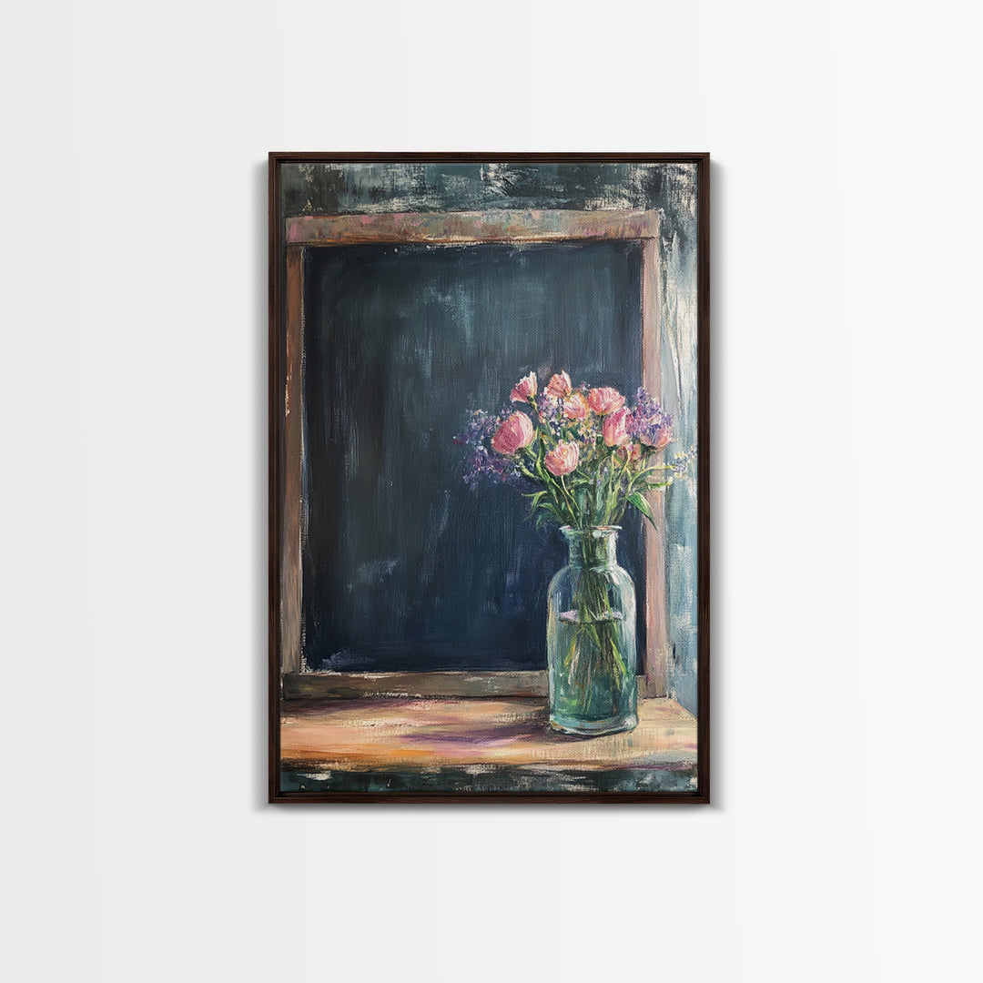 Chalkboard With Pink Flowers Wall Art, Rustic Kitchen Decor, Farmhouse Canvas Print, Floral Still Life, Dining Room Print