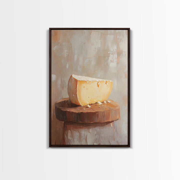 Cheese Wedge On Rustic Stool Canvas Print, Minimalist Kitchen Wall Art, Food Still Life, Farmhouse Decor, Gift For Foodie