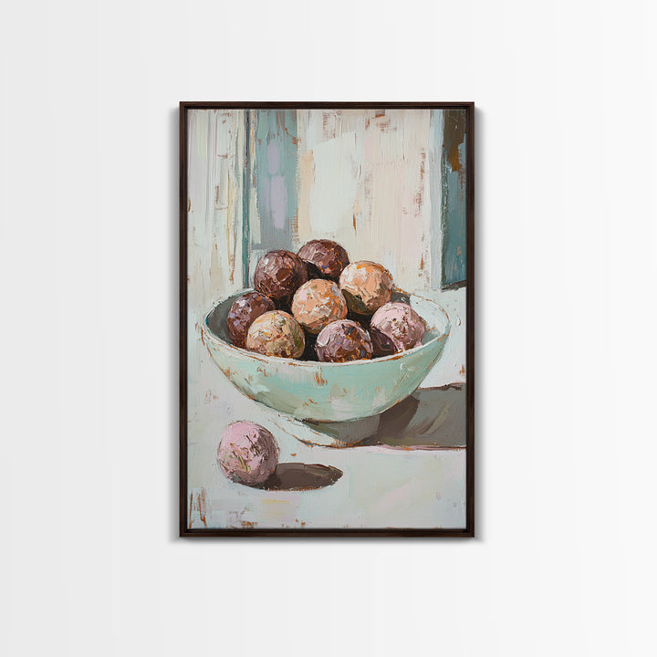 Pastel Bowl Of Chocolate Truffles Wall Art, Kitchen Decor, Food Still Life Painting, Whimsical Bakery Art Print Gift For Her
