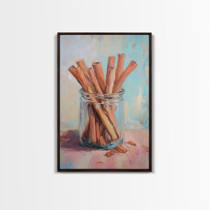 Cinnamon Sticks In Glass Jar Framed Canvas Print, Rustic Kitchen Wall Art, Spice Painting, Farmhouse Home Decor Gift Idea