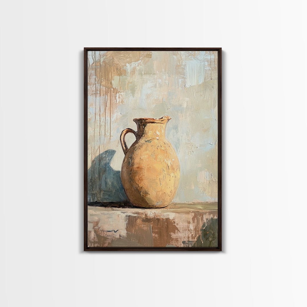 Rustic Ceramic Pitcher Still Life Wall Art, Neutral Farmhouse Decor, Country Kitchen Painting, Wabi Sabi Home Decor Gift