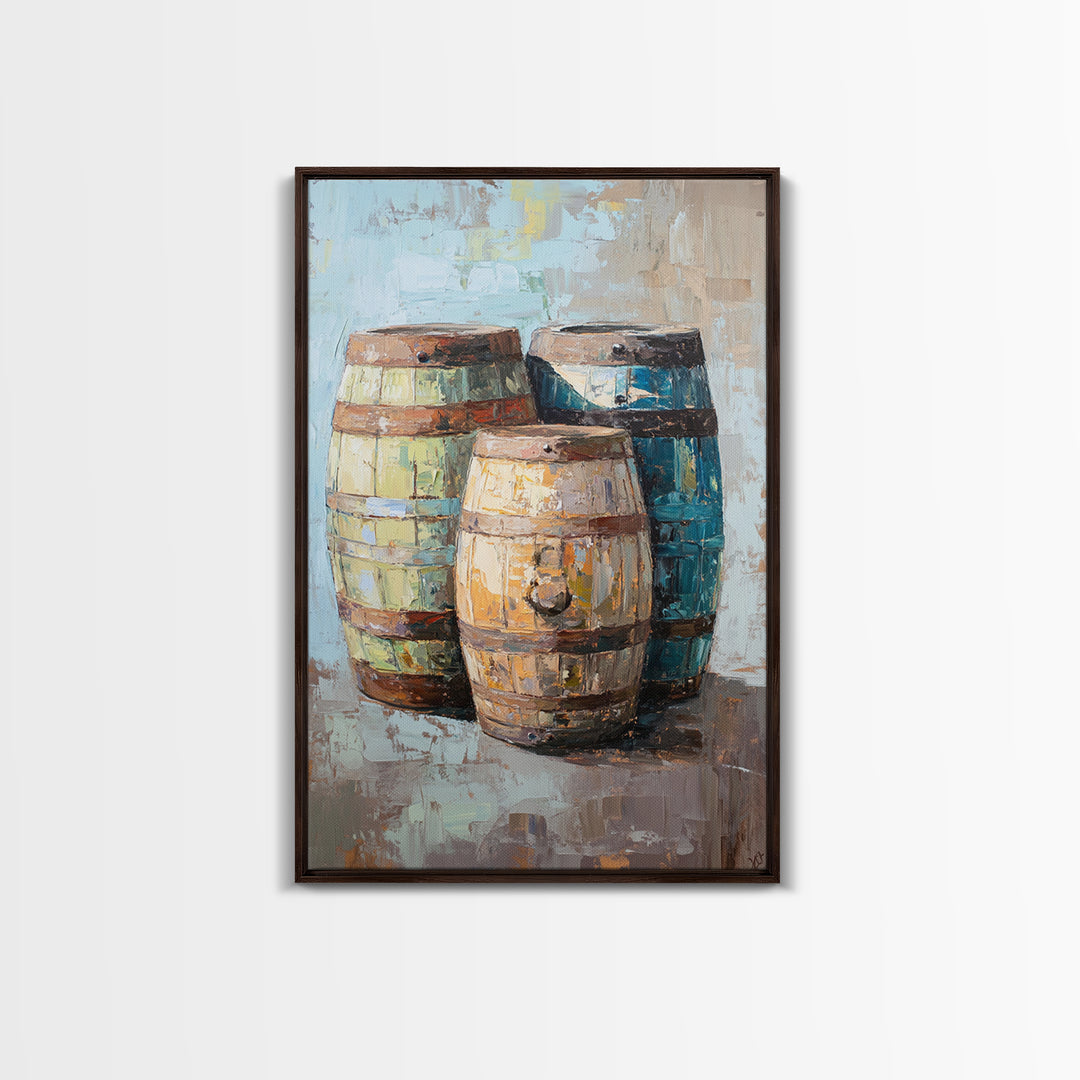 Rustic Wine Barrels Still Life Framed Canvas Print, Winery Wall Art, Home Bar Decor, Farmhouse Kitchen Gift For Him Idea
