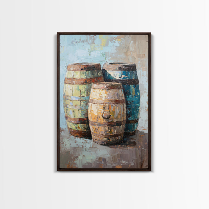 Rustic Wine Barrels Still Life Framed Canvas Print, Winery Wall Art, Home Bar Decor, Farmhouse Kitchen Gift For Him Idea