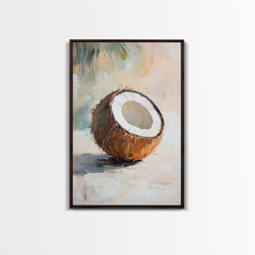 Split Coconut Still Life Canvas Print, Tropical Kitchen Wall Art, Coastal Home Decor, Food Art Print, Rustic Beach House Gift