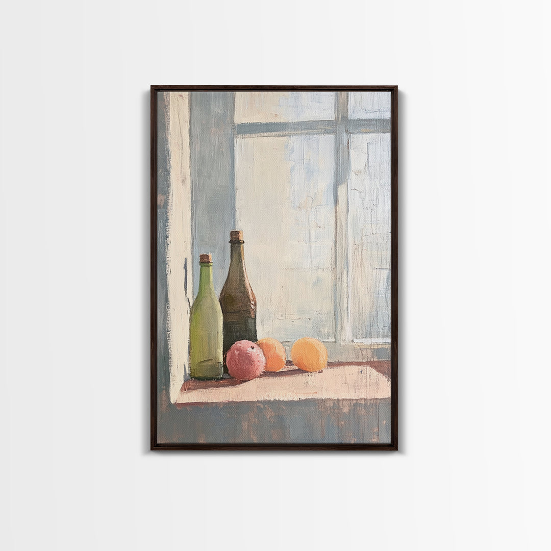 Bottles And Citrus On Windowsill Canvas Print, Rustic Kitchen Wall Art, Still Life Art Print, Farmhouse Dining Room Decor