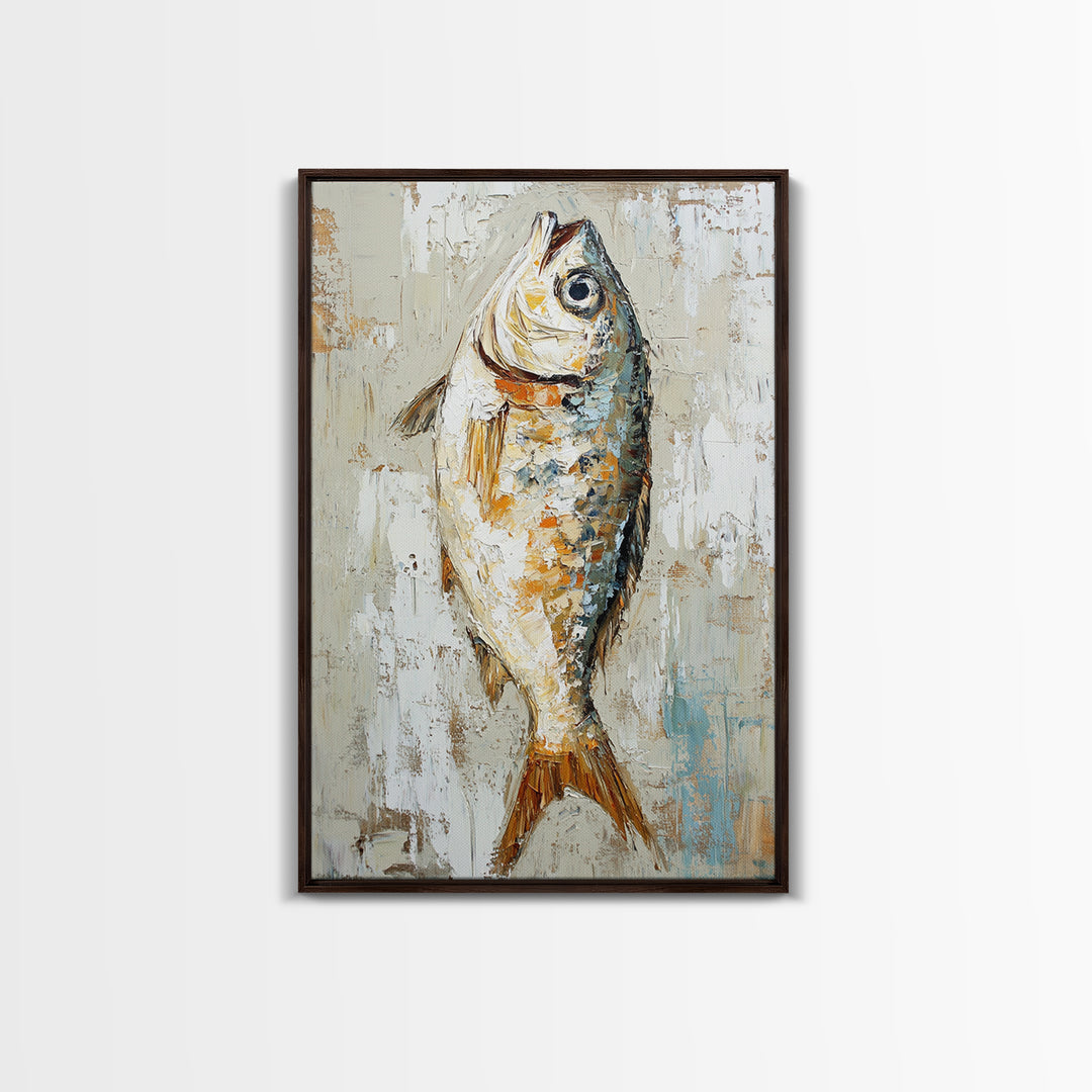 Silver Fish Impasto Canvas Print, Coastal Kitchen Wall Art, Nautical Seafood Decor, Ocean Animal Art Print, Beach House Gift