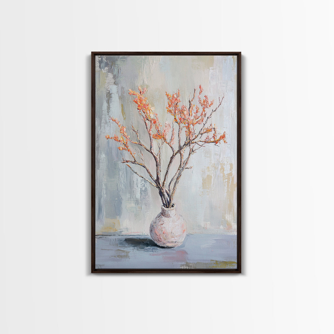 Orange Blossom Branches In Ceramic Vase Canvas Print, Minimalist Botanical Wall Art, Japandi Decor, Calm Neutral Home Gift
