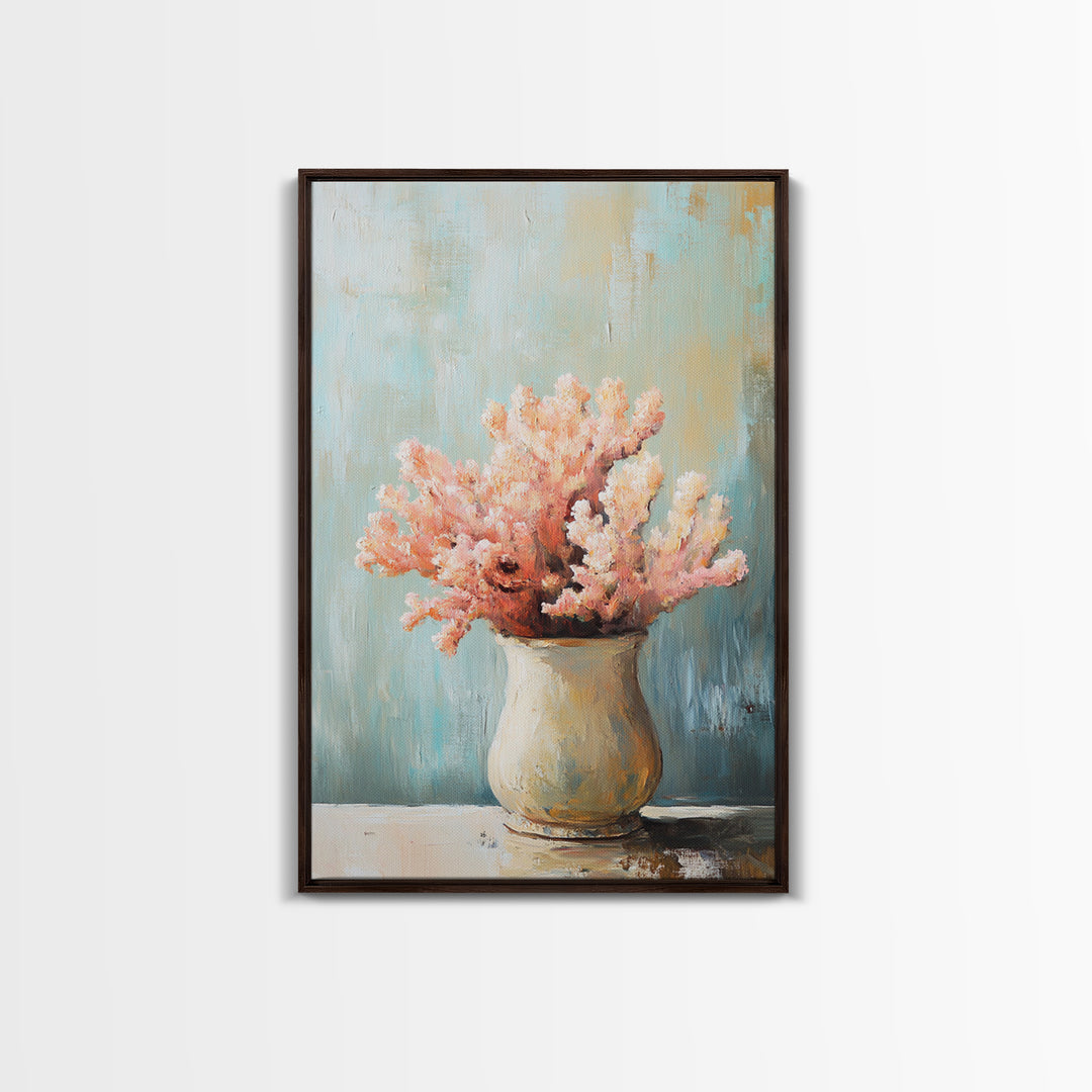Pink Coral Still Life In Ceramic Vase, Framed Canvas Print, Coastal Wall Art, Beach House Decor, Soft Pastel Home Decor Gift