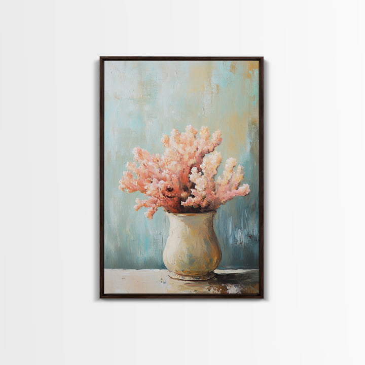 Pink Coral Still Life In Ceramic Vase, Framed Canvas Print, Coastal Wall Art, Beach House Decor, Soft Pastel Home Decor Gift