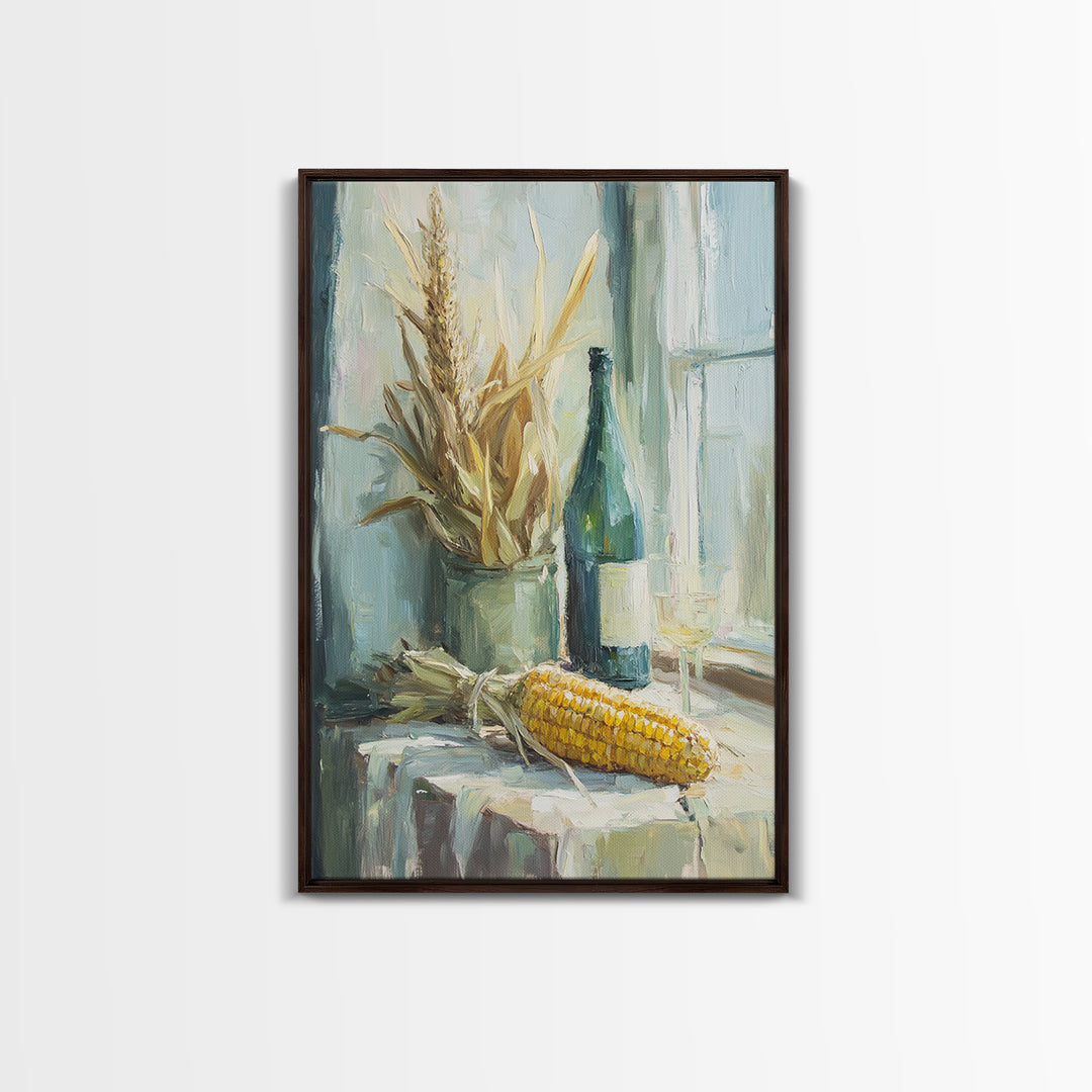 Sunlit Corn And Wine Bottle Still Life, Canvas Print, Farmhouse Kitchen Wall Art, Rustic Country Decor, Dining Room Print
