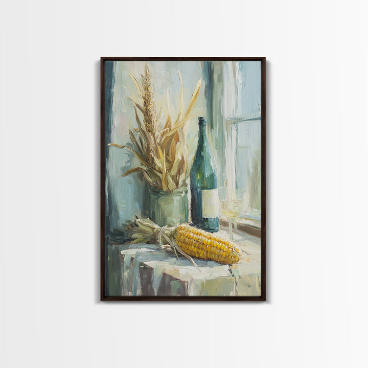 Sunlit Corn And Wine Bottle Still Life, Canvas Print, Farmhouse Kitchen Wall Art, Rustic Country Decor, Dining Room Print