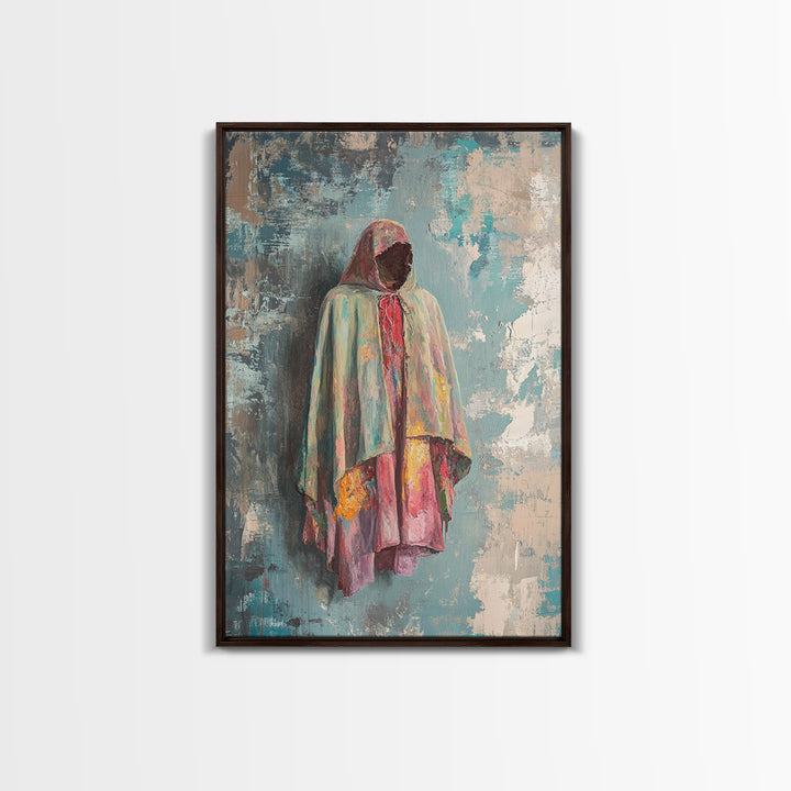 Hooded Pastel Figure In Flowing Robe, Wall Art, African Inspired Art, Cultural Wall Decor, Boho Neutral Home Decor Gift Idea