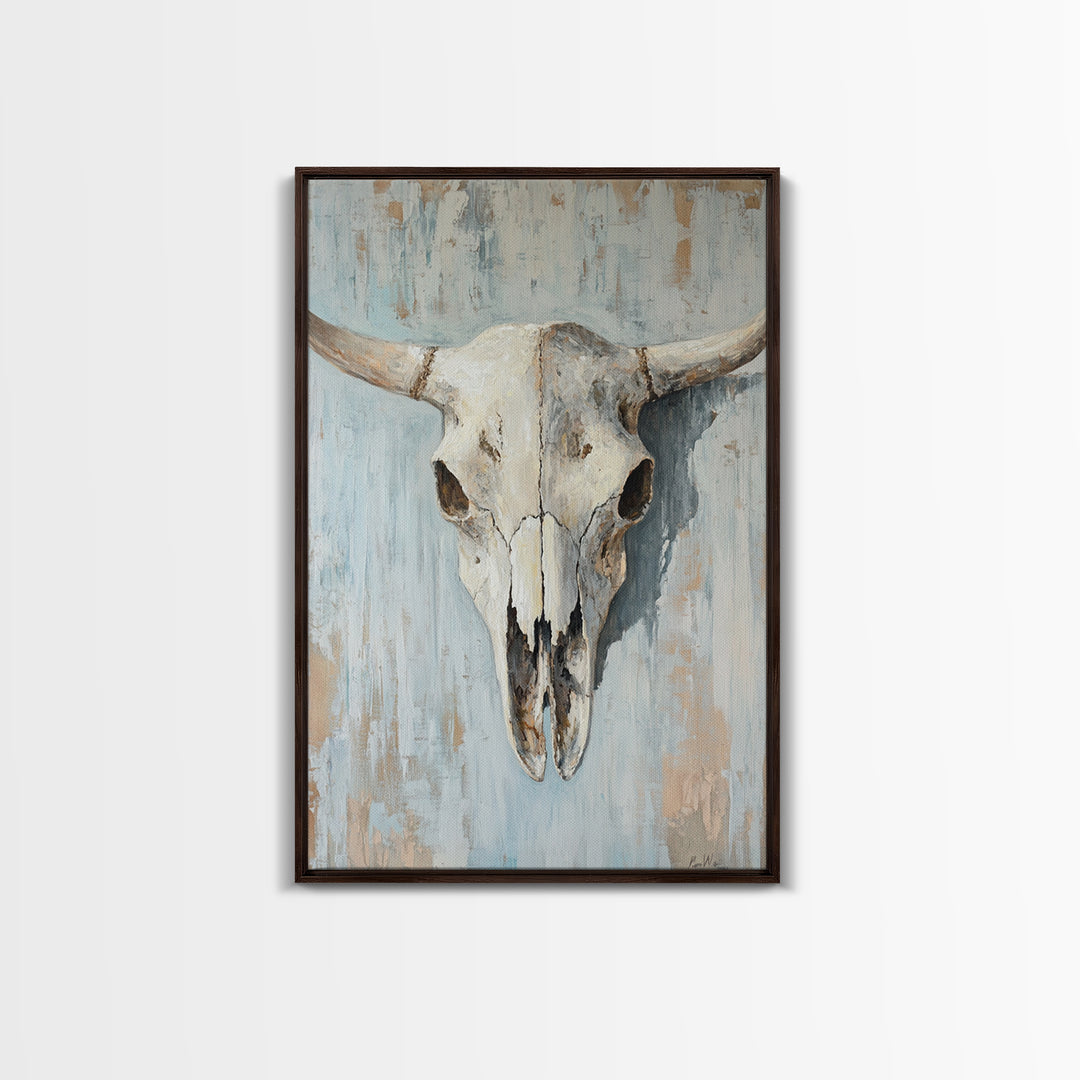White Longhorn Skull On Blue Wood, Framed Canvas Print, Western Wall Art, Southwestern Decor, Rustic Farmhouse Gift For Him