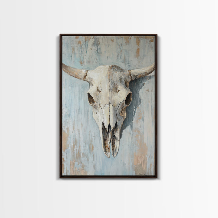 White Longhorn Skull On Blue Wood, Framed Canvas Print, Western Wall Art, Southwestern Decor, Rustic Farmhouse Gift For Him