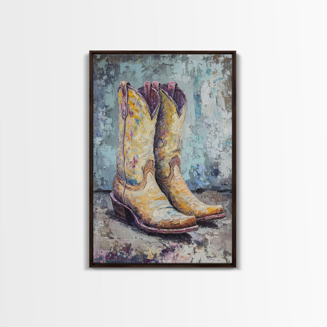 Yellow Cowboy Boots Oil Painting, Canvas Print, Western Wall Art, Cowgirl Decor, Rodeo Housewarming Gift, Rustic Home Decor