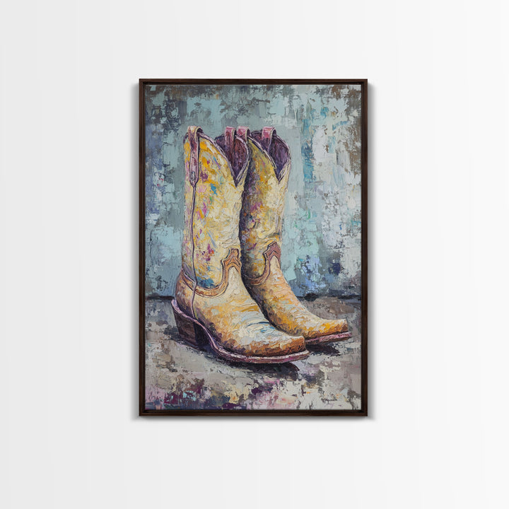 Yellow Cowboy Boots Oil Painting, Canvas Print, Western Wall Art, Cowgirl Decor, Rodeo Housewarming Gift, Rustic Home Decor