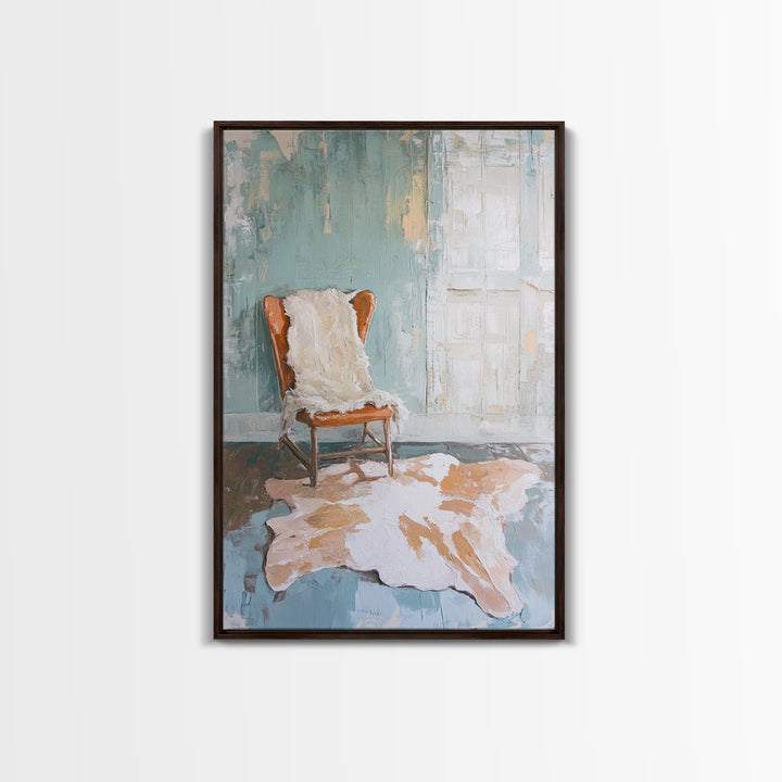 Leather Chair And Cowhide Rug Interior, Canvas Print, Rustic Wall Art, Western Home Decor, Neutral Living Room Wall Art Print