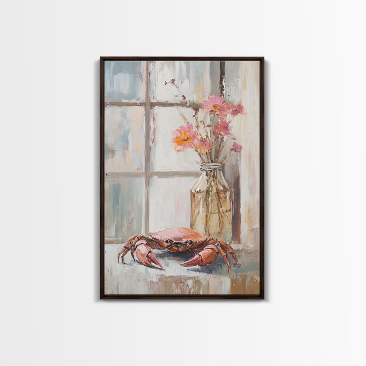 Blue Crab And Pink Flowers By Window, Framed Canvas Print, Coastal Kitchen Wall Art, Beach House Decor, Seafood Wall Art