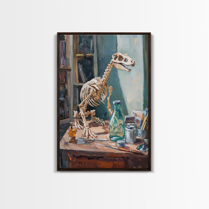Dinosaur Skeleton On Artist Desk Canvas Print, Curiosity Cabinet Wall Art, Science Decor, Kids Room Decor, Unique Gift For Kids