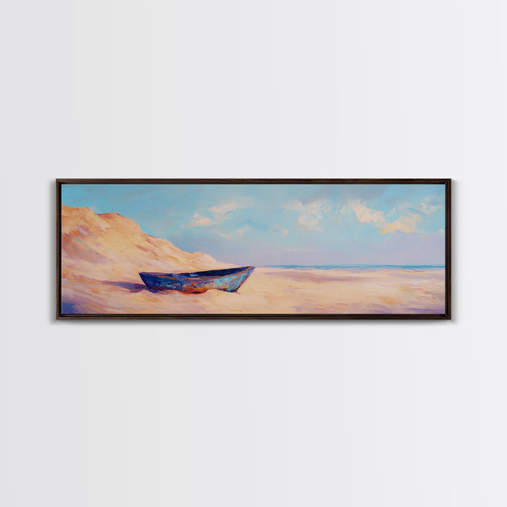 Blue Boat On Sandy Beach Wall Art, Coastal Landscape Painting, Ocean Wall Decor, Beach House Decor, Nautical Print, Summer Home Decor