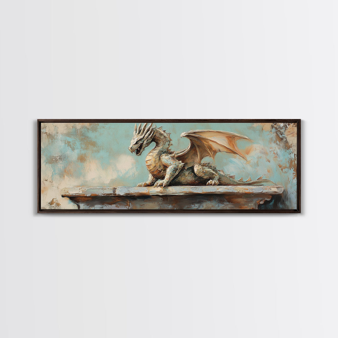 Textured Stone Dragon Framed Canvas Print, Fantasy Wall Art, Gothic Medieval Decor, Mythical Creature Gift For Gamer Room Decor