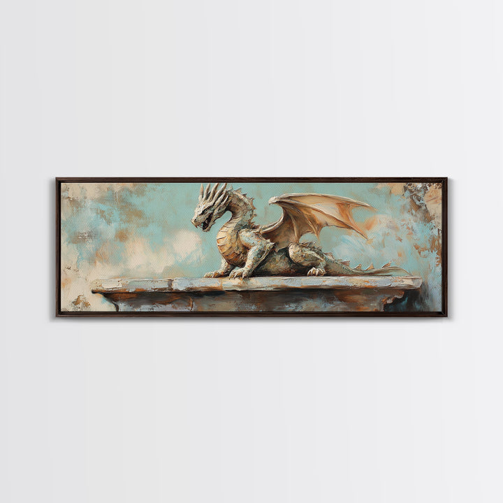 Textured Stone Dragon Framed Canvas Print, Fantasy Wall Art, Gothic Medieval Decor, Mythical Creature Gift For Gamer Room Decor