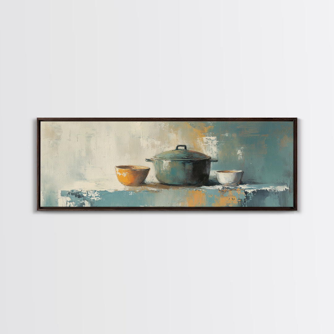 Blue Pot And Bowls Kitchen Wall Art, Rustic Farmhouse Decor, Modern Still Life Canvas Print, Cozy Dining Room Decor, Home Decor