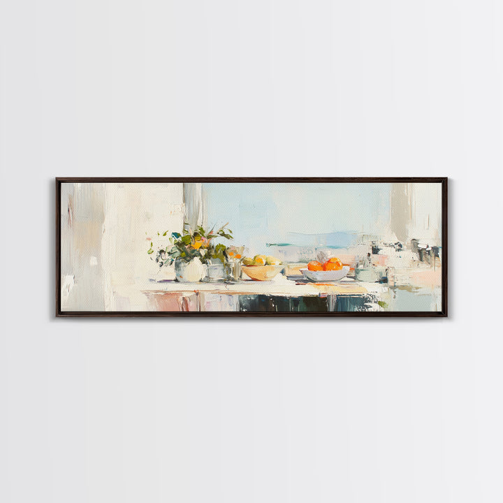 Sunlit Kitchen Counter With Flowers Wall Art, Fruit Still Life Canvas Print, Modern Farmhouse Dining Room Home Decor, Wall Decor