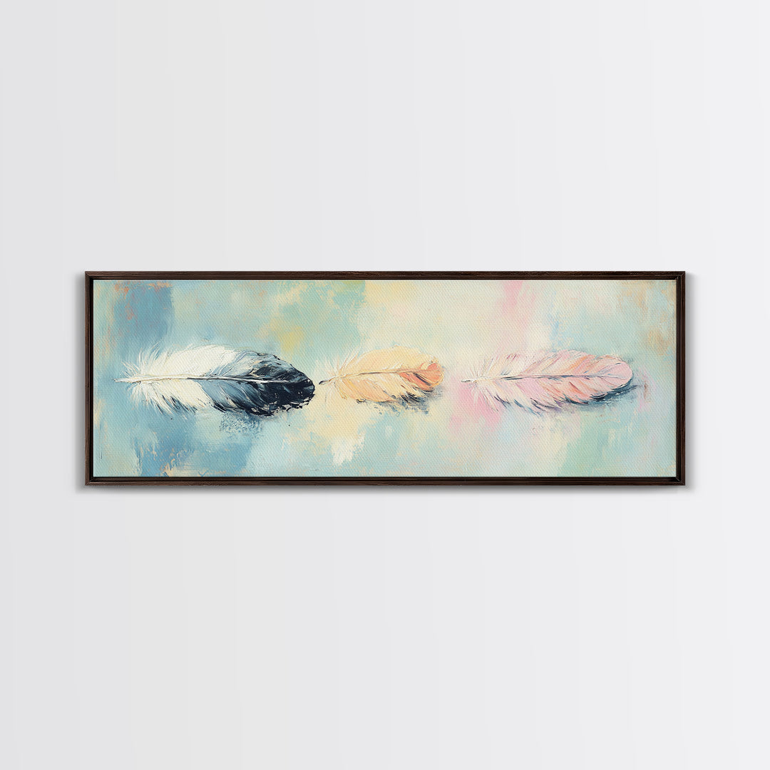 Three Pastel Feathers On Blue Wall Art, Boho Canvas Print For Nursery, Bedroom, Feminine Decor, Soft Coastal Home Decor Gift