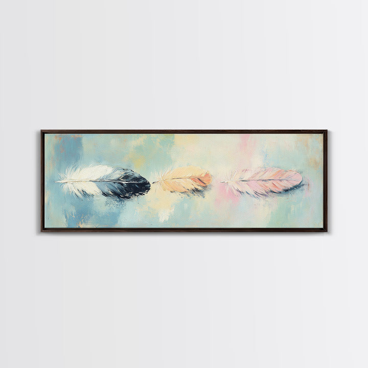 Three Pastel Feathers On Blue Wall Art, Boho Canvas Print For Nursery, Bedroom, Feminine Decor, Soft Coastal Home Decor Gift