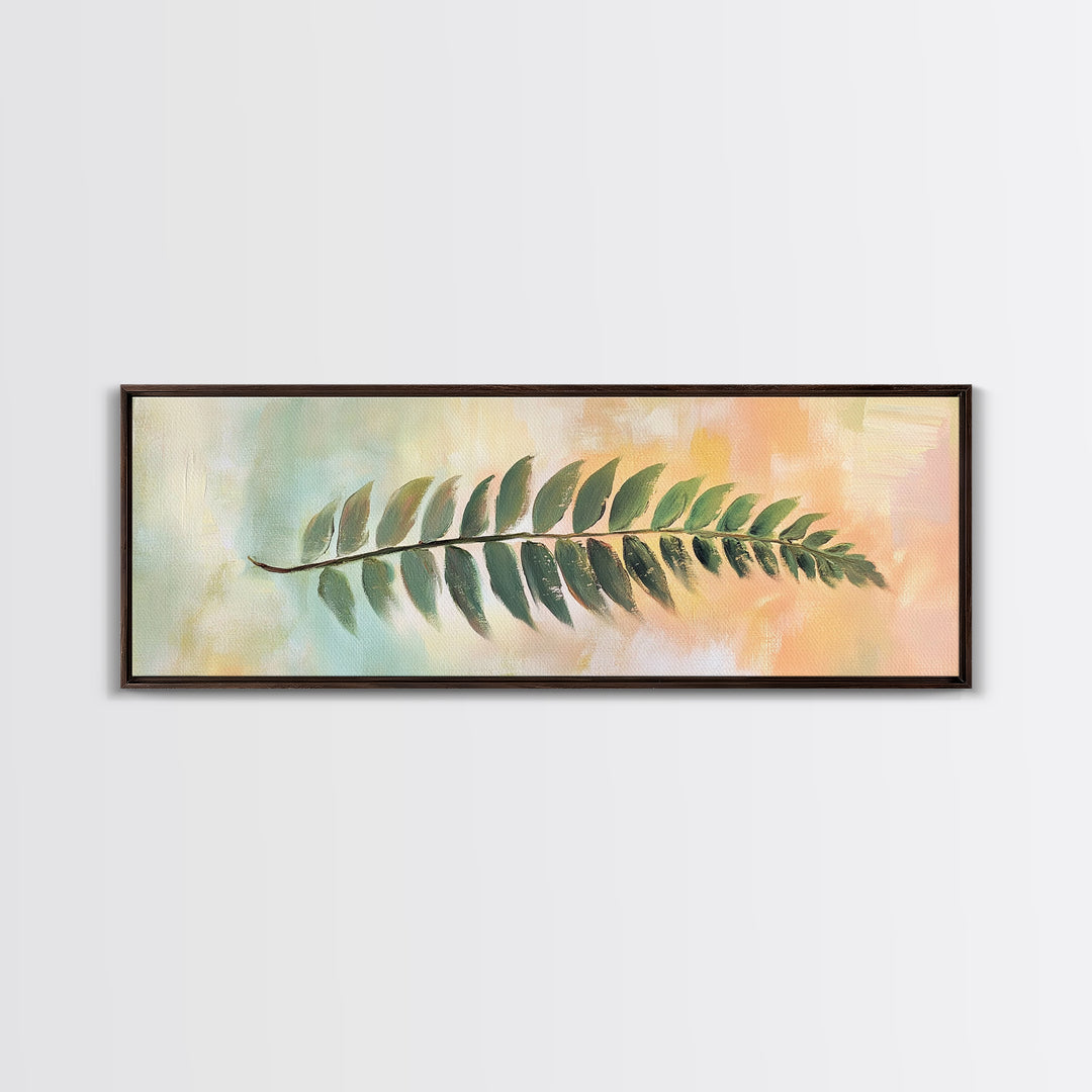 Green Fern Leaf On Pastel Abstract Wall Art, Botanical Canvas Print For Bathroom, Nature Decor, Sage Green Living Room Art