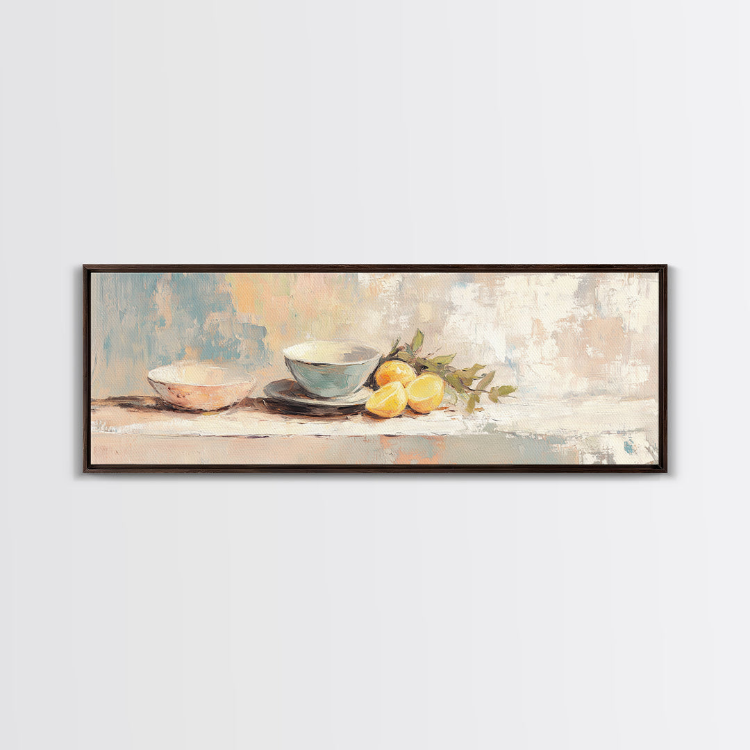 Blue Bowls And Lemons Still Life Canvas Print, Modern Kitchen Wall Art, Food Decor, Citrus Painting, Home Decor, Housewarming Gift