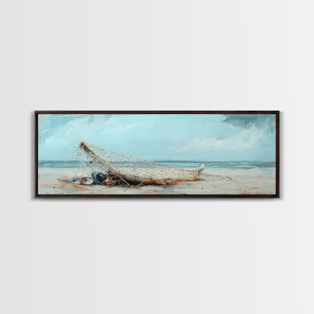 Weathered Fishing Net On Beach Canvas Print, Coastal Wall Art, Nautical Decor, Seascape Painting, Beach House Rustic Home Decor Gift
