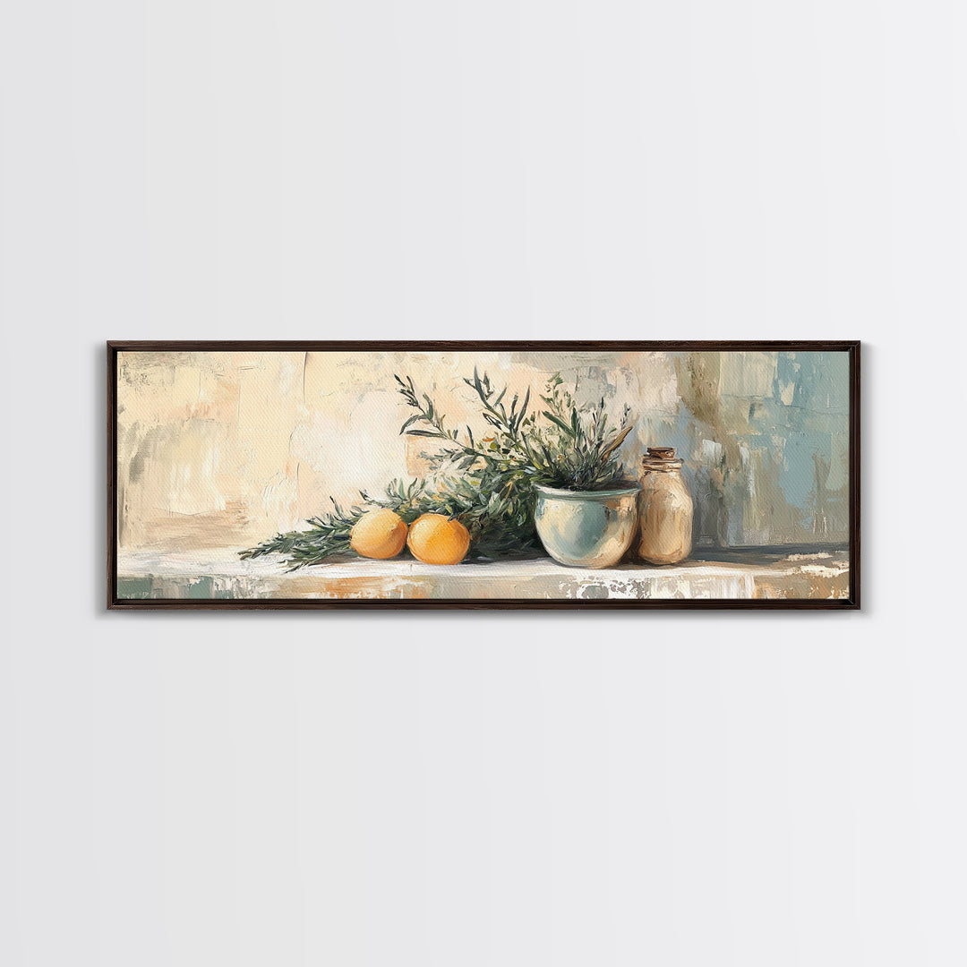 Olive Branch And Citrus Still Life Wall Art, Rustic Kitchen Canvas Print, Farmhouse Country Decor, Mediterranean Art Print