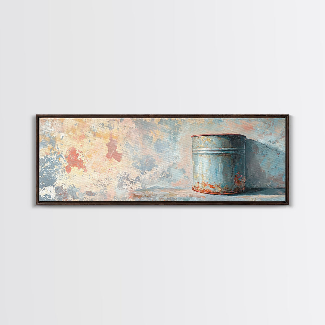 Weathered Blue Tin Can Still Life Wall Art, Rustic Farmhouse Canvas Print, Industrial Kitchen Decor, Textured Painting Print