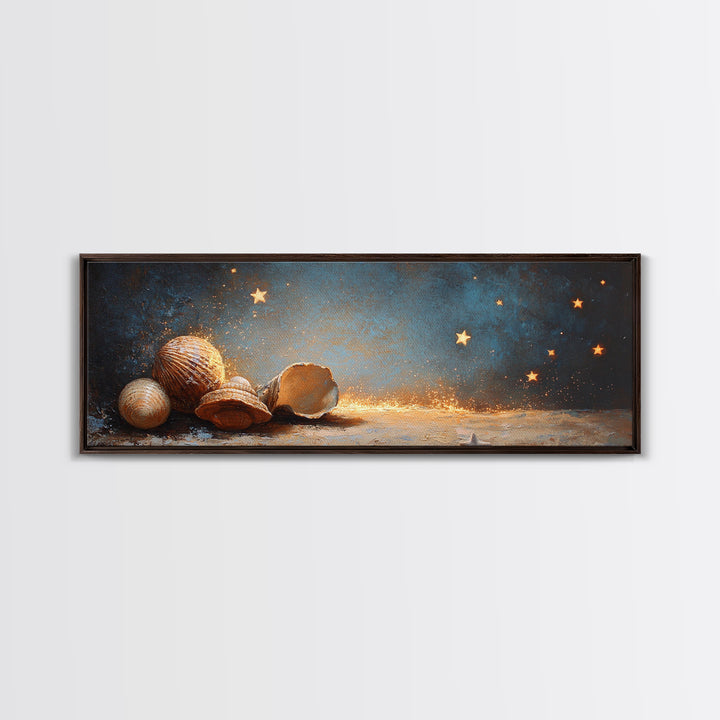 Glowing Seashells And Golden Stars Canvas Print, Coastal Wall Art, Celestial Decor, Beach House Decor, Ocean Wall Decor, Gift For Her
