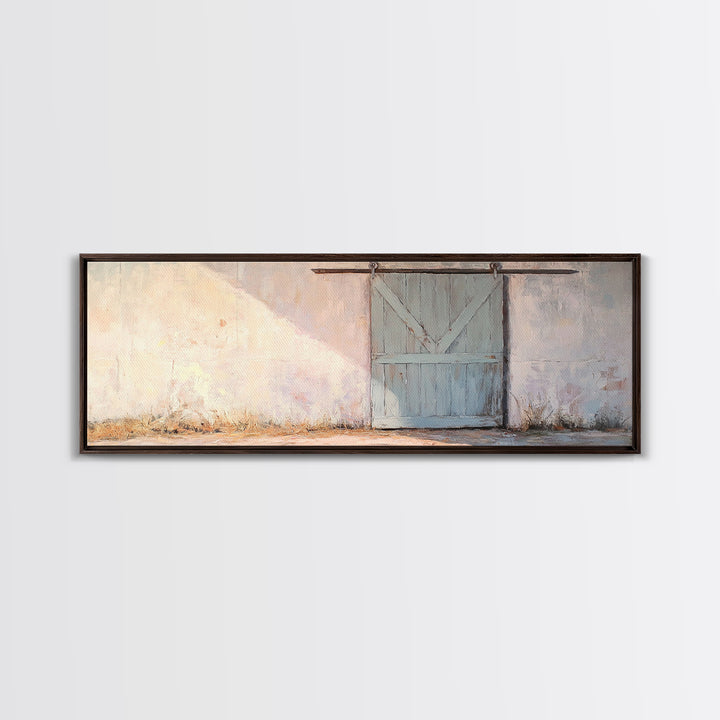 Blue Sliding Barn Door Wall Art, Rustic Farmhouse Decor, Country Wall Decor, Minimalist Landscape Print, Housewarming Gift