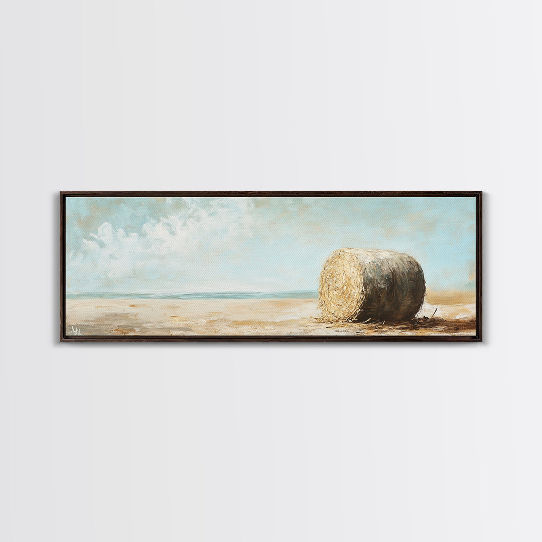 Golden Hay Bale Coastal Landscape Wall Art, Rustic Farmhouse Decor, Country Canvas Print For Living Room Or Kitchen Wall Decor