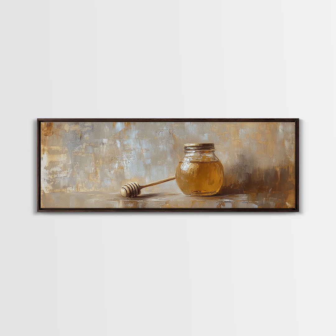 Honey Jar And Dipper Still Life Wall Art, Rustic Kitchen Decor, Farmhouse Canvas Print For Dining Room Or Pantry Wall Decor Gift