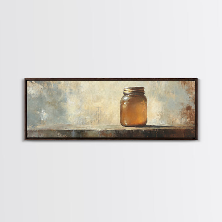 Amber Mason Jar Still Life Wall Art, Rustic Farmhouse Decor, Neutral Canvas Print For Kitchen Shelf Or Dining Room Wall Decor