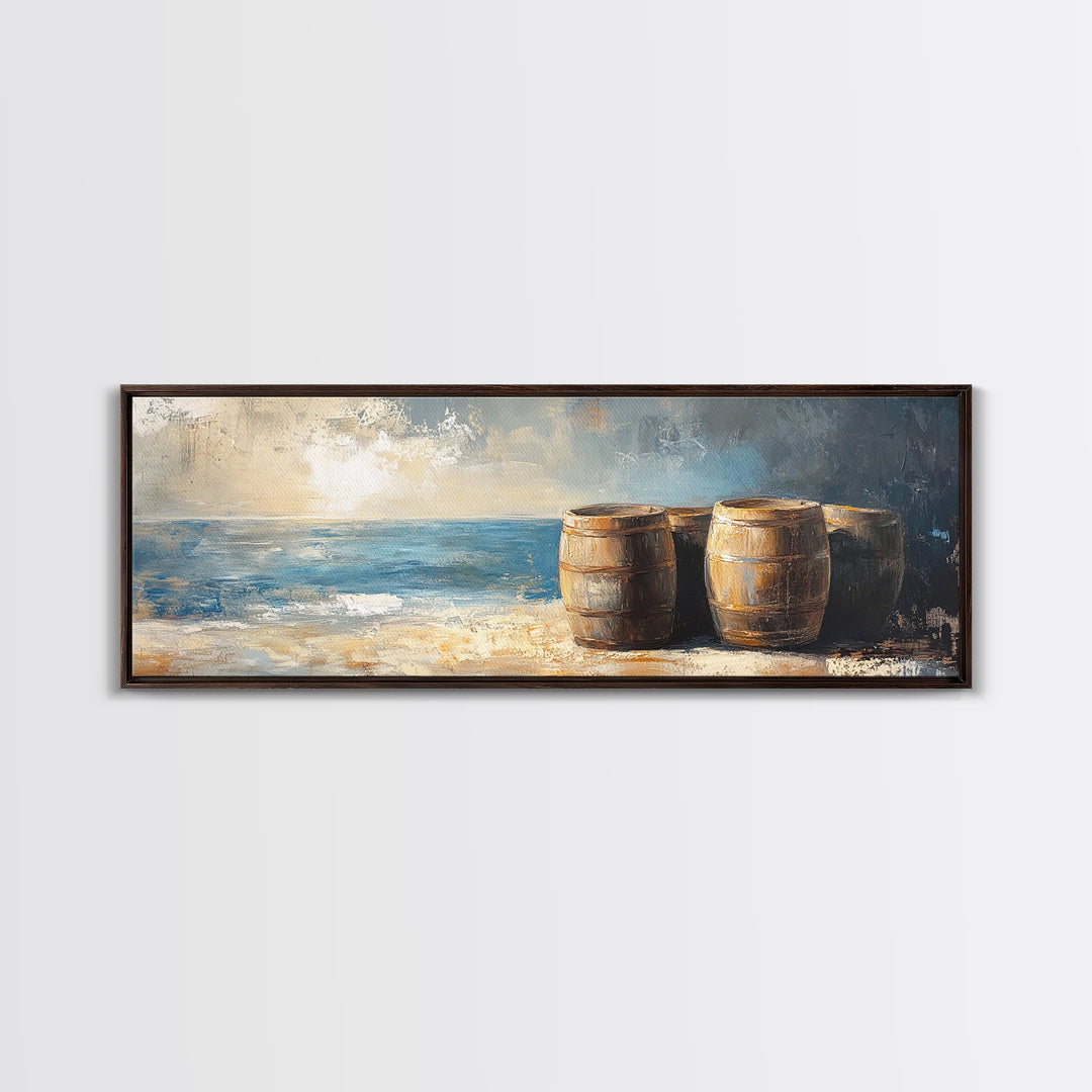Weathered Barrels By The Sea Wall Art, Coastal Rustic Decor, Nautical Canvas Print For Beach House Living Room Wall Decor Gift