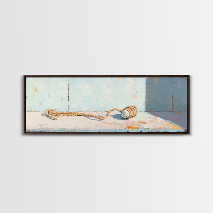 Weathered Rope And Wood Float Canvas Print, Nautical Coastal Wall Art, Beach House Decor, Rustic Bathroom Wall Decor, Ocean Wall Art