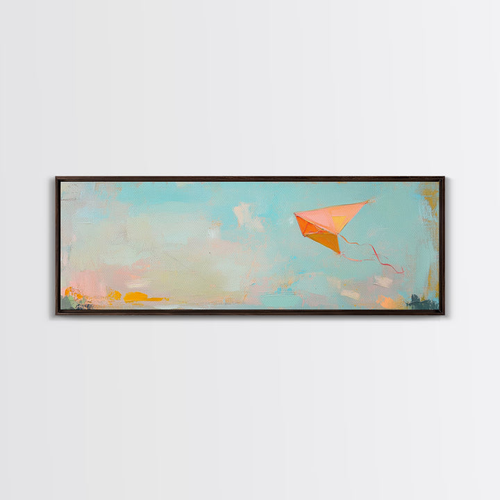 Orange Kite In Blue Summer Sky Canvas Print, Whimsical Nursery Wall Art, Coastal Kids Room Decor, Playful Gift For Her, Dopamine Decor