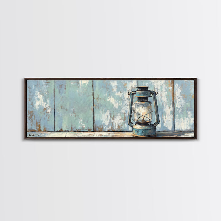 Blue Kerosene Lantern On Weathered Wood Framed Canvas Print, Rustic Wall Art, Coastal Decor, Farmhouse Home Decor, Housewarming Gift