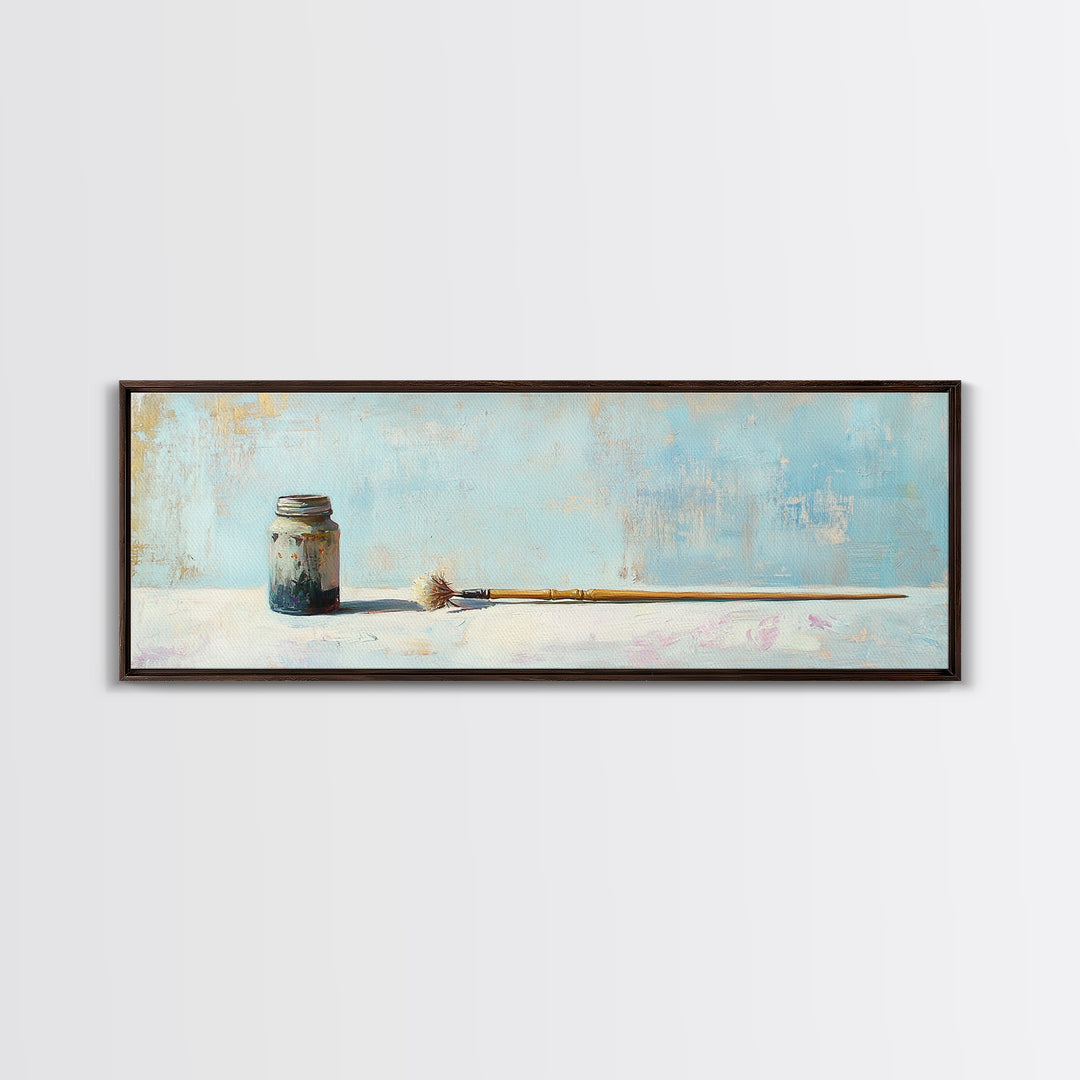Rustic Paint Jar And Brush Canvas Print, Artist Studio Wall Decor, Minimal Still Life Art Print, Creative Office Decor Gift